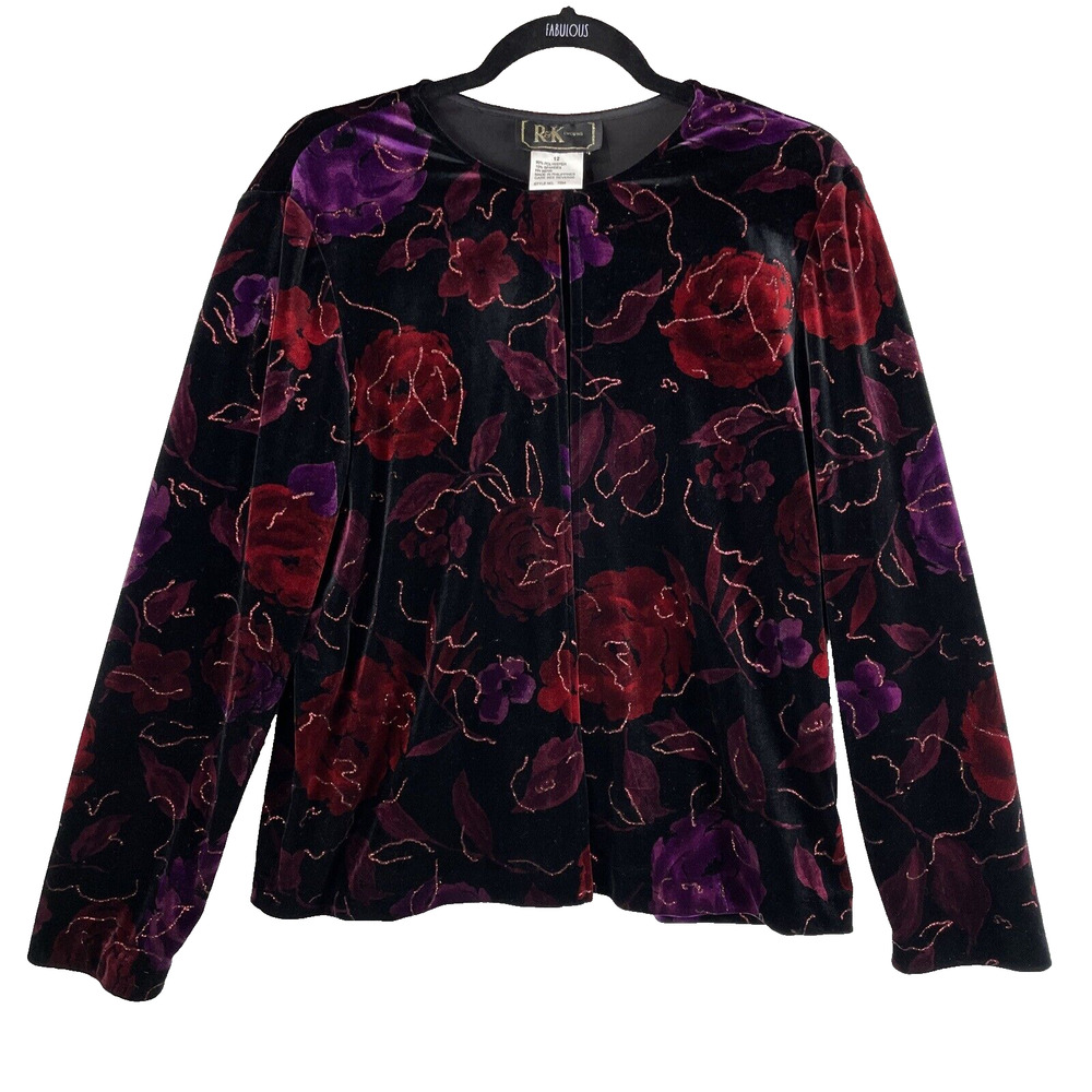 R&K Velvet Cardigan Jacket 12 Dark Black Red Purple Floral Gothic Grunge Velour